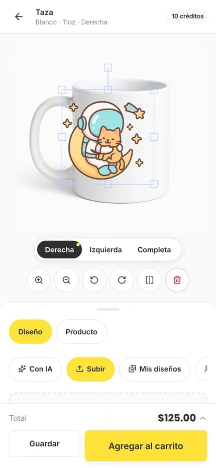 El personalizador en el celular, con el diseño colocado sobre la taza