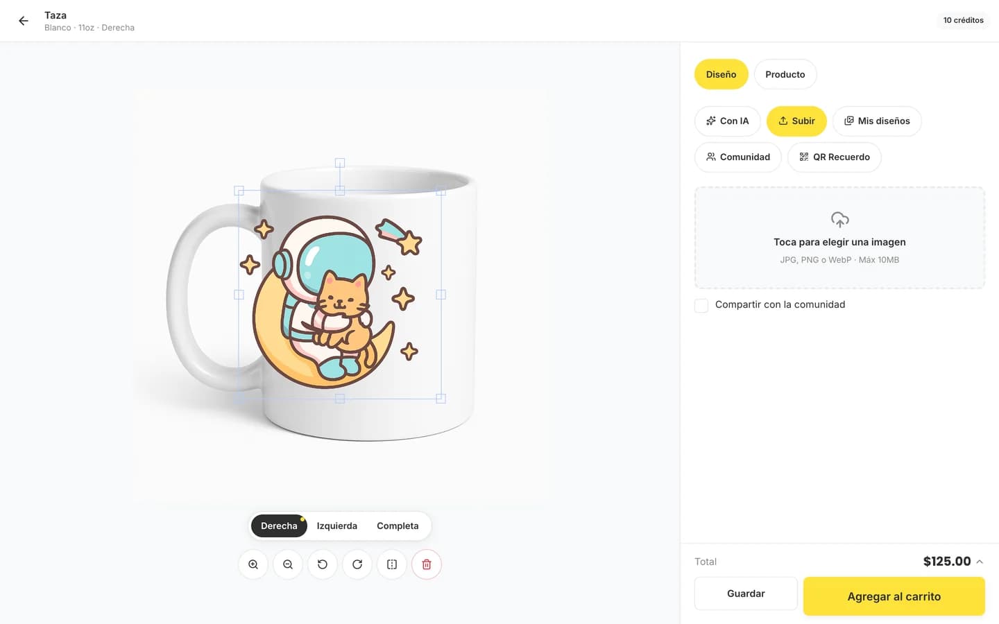 El personalizador en computadora: la taza a la izquierda y el panel de diseño a la derecha